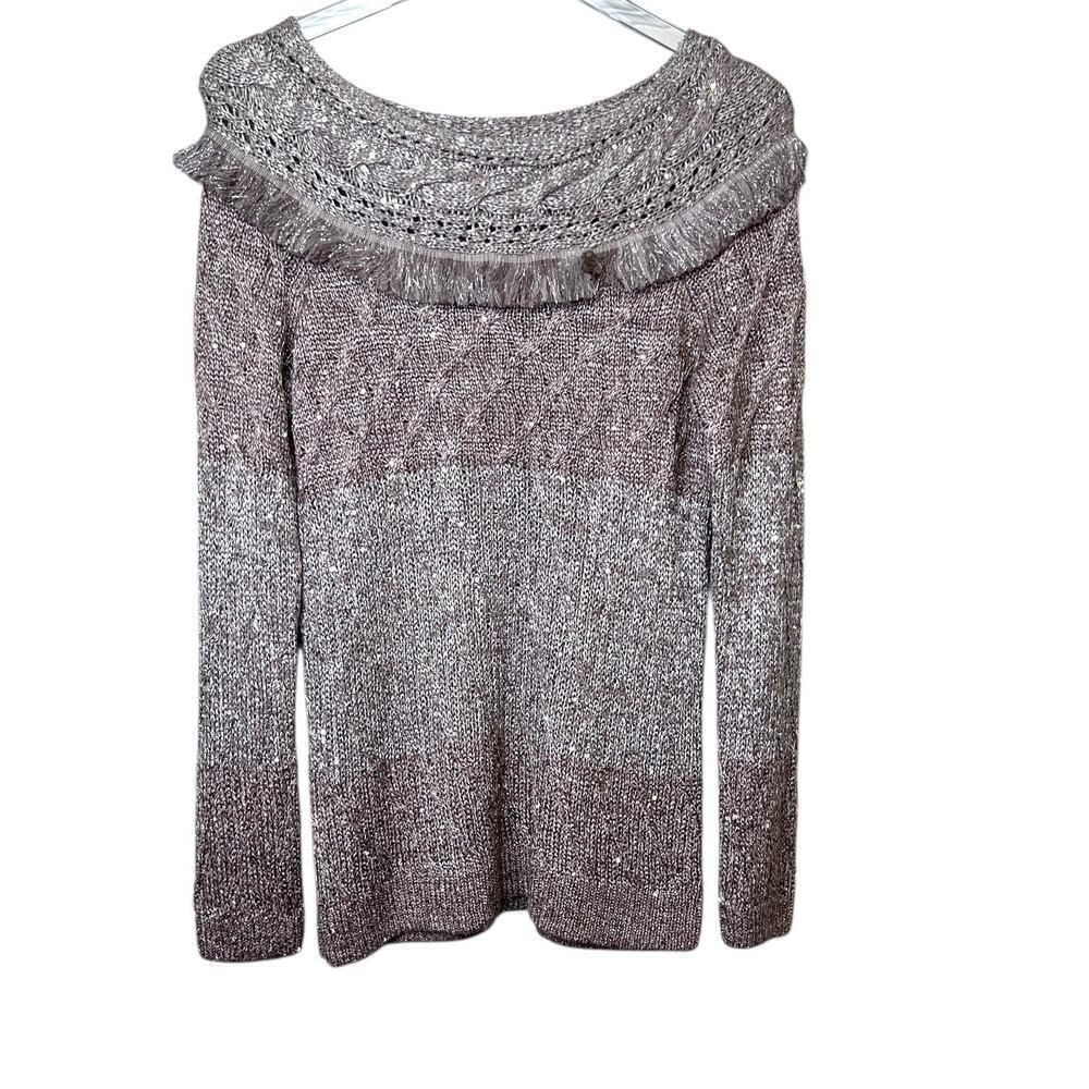WHBM Sequin Knit Boat Neck Sweater in Taupe with Gold Metallic Knit Women’s XS